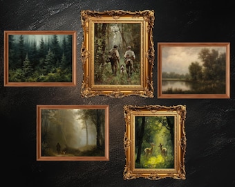 Vintage natuurgalerij muurkunst | Set van 5 prenten, rustiek natuurdecor, jachtbos natuurschilderijen, digitale download, AFDRUKBAAR