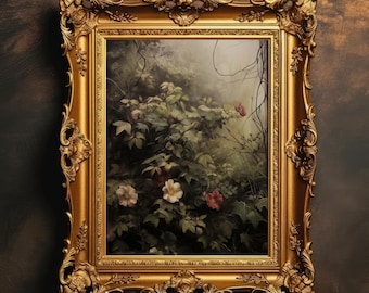 Forest Flower Garden | Dark Botanical PRINTABLE Art, Vintage Oil Painting, Moody Floral Wall Art, Cottagecore Forest Decor, Digital Download