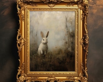 White Bunny | Dark Academia, Grassland Landscape, Moody Wall Art, Vintage Aesthetic, Antique Oil Painting, Digital Download, Printable