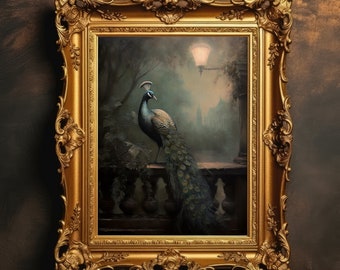 Peacock On Balcony | Dark Academia Decor, Goth Cottagecore Wall Art, Victorian Gothic Aesthetic, Vintage Bird Print, Digital Download