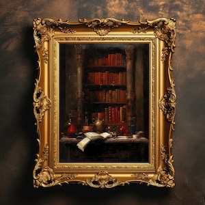 Antique Bookshelf | Dark Academia, Victorian Gothic Library, Dark Academia Decor, Goth Vintage Wall Art, Oil Painting, Digital Download