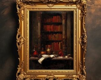 Antique Bookshelf | Dark Academia, Victorian Gothic Library, Dark Academia Decor, Goth Vintage Wall Art, Oil Painting, Digital Download