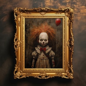 Creepy Clown Doll | Halloween Art, Spooky Horror Decor, Dark Academia, Macabre Art, Oil Painting Aesthetic, Goth Wall Art, Digital Download