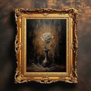 Single White Rose | Vintage Aesthetic, Antique Oil Painting, Dark Floral Print, Moody Botanical Wall Art, Digital Download, Printable
