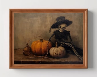 Skeleton Pumpkins | Halloween Decor, Fall Wall Art, Moody Vintage Aesthetic, Antique Oil Painting, Dark Academia, Digital Download