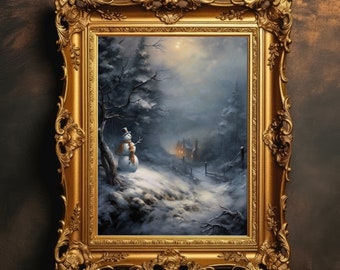 Snowman Winter | Christmas Prints, Dark Academia X-mas, Vintage Decor, Oil Painting, Farmhouse Artwork, Snowy Aesthetic, Digital Download