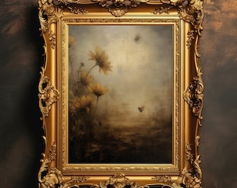 Sunflowers Bees | Dark Cottagecore Prints, Floral Decor, Botanical Aesthetic, Dark Academia, Antique Oil Painting, Digital Download