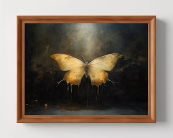 Goldener Schmetterling | Dark Academia, Dark Cottagecore Wandkunst, Stimmungsvolles Kunstdesign, Vintage Ästhetik, Antikes Ölgemälde, digitaler Download
