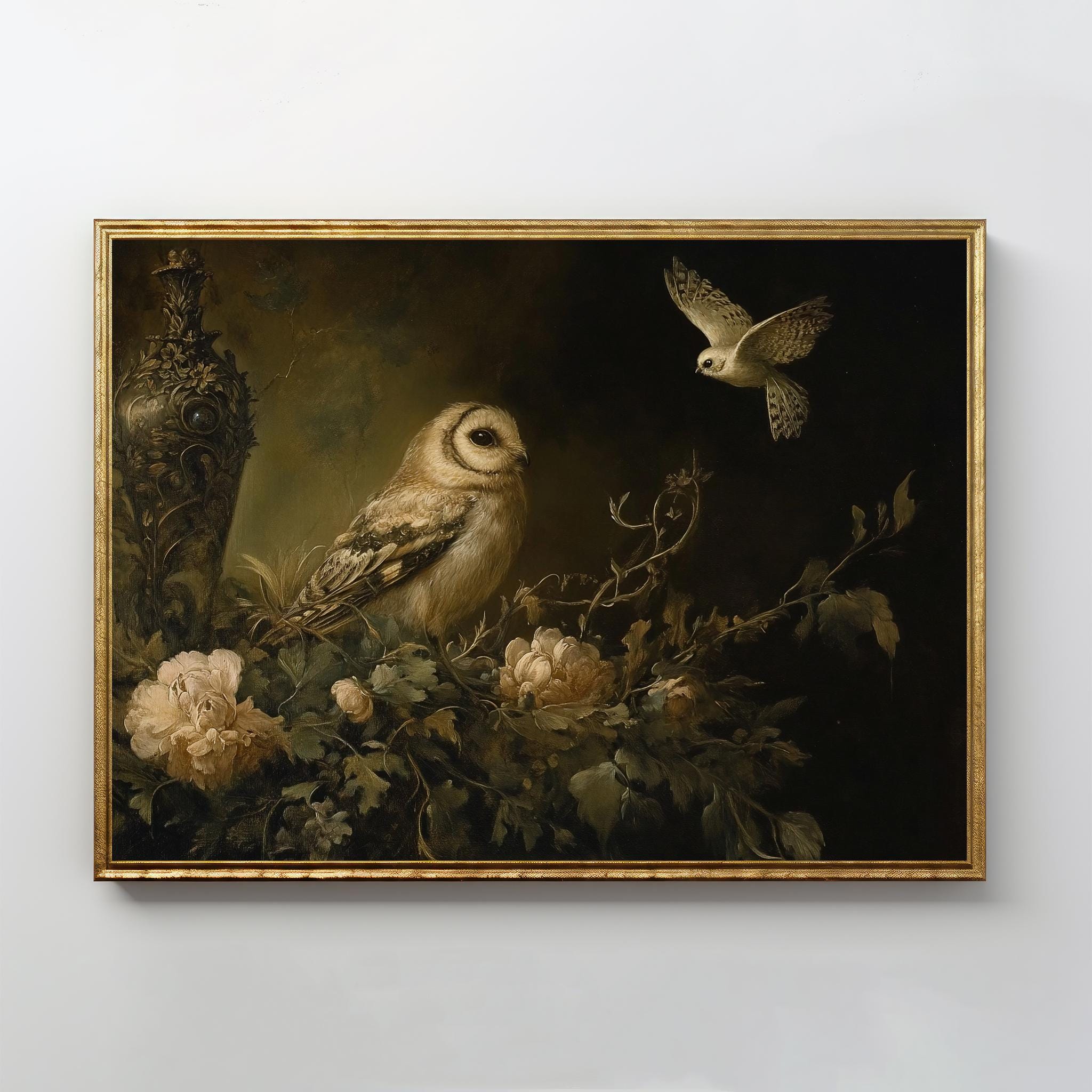 Owl Bird Garden Art | Vintage Oil Painting, Dark Academia, Gothic Romanticism, Moody Wall Art, Still