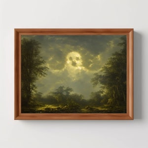 May include: A framed painting depicting a forest scene with a bright, cloudy sky. The clouds are illuminated by a bright light, creating a dramatic effect. The forest is composed of dark green trees and a clearing in the foreground.
