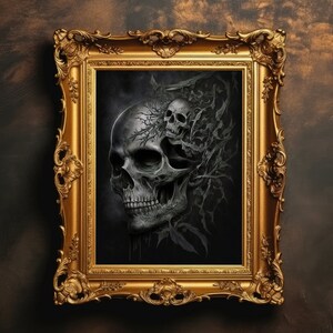 Skull on Skull | Dark Academia, Moody Illustration, Vintage Art, Dark Wall Art, Home Room Decor, Goth Cottagecore, Digital Download