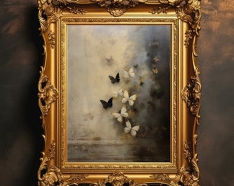 Black White Butterflies | Dark Academia, Vintage Oil Painting, Dark Wall Art, Antique Painting, Goth Cottagecore Printable, Digital Download