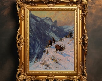 Deer in Winter Mountains | Dark Academia, Vintage Aesthetic, Antique Oil Painting, Landscape Painting, Cabin Decor, Digital Download