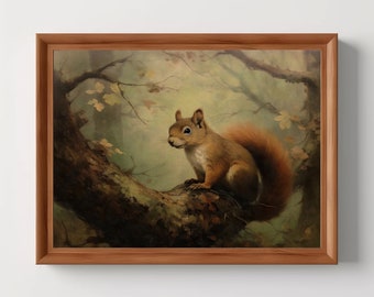 Tree Squirrel | Cottagecore Print, Forest Decor, Moody Wall Art, Vintage Oil Painting Aesthetic, Rustic Home Decor, Digital Download