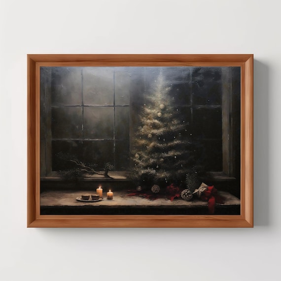 Moody Christmas Print | Vintage Oil Painting, X-Mas Tree Print, Xmas Home Decor, Gothic Wall Art, Dark Academia, Digital Download, PRINTABLE