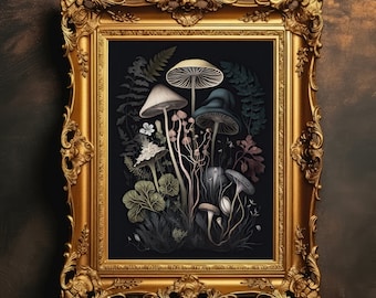 Botanical Mushrooms | Dark Cottagecore Print, Dark Academia Decor, Gothic Home Decor, Dark Goblincore Prints, Digital Download, Printable