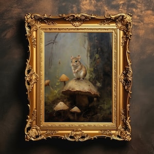 Mouse e funghi / Paesaggio forestale, Arte della parete Cottagecore scuro, Arredamento della stanza lunatico, Pittura a olio vintage, Download digitale, STAMPABILE