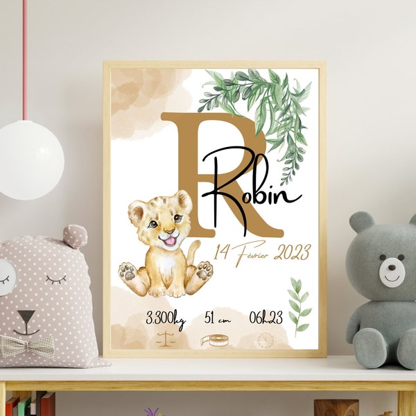 Affiche de naissance Personnalisée || Thème : petit lion || Initiale + Prénom + Date + Poids/Taille/Heure