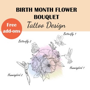 Birth Month Flower Bouquet Tattoo Design, Line art Floral Art Print Design Gift For Mom, Family Custom Drawing, Birth Month Tattoo