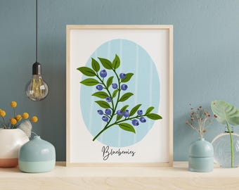 Blueberries Art Print – Colorful Blueberry Wall Decor, Maximalist Digital Poster, Instant Download, Kitchen or Gallery Wall Printable
