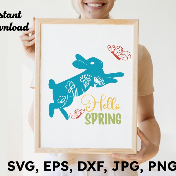 Hello Spring SVG, Hello Spring Bunny Clipart SVG PNG, Kids Spring Svg for Cricut, Spring Home Decor Printable Bunny, Dxf Sublimation Design