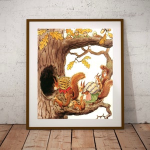 Autumn Cottage Nursery Vintage Fairytale Illustration &#39;The Squirrel Family&#39; by Elsa Beskow Woodland Forest Folklore Art Print