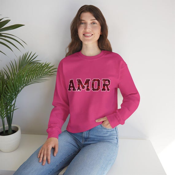 AMOR Red Glitter Heart Sweatshirt: Latin Love Sequin Pullover