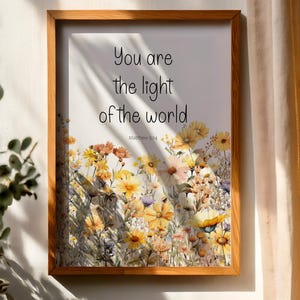 Inspirational Christian Wall Art – Yellow Floral Bible Verse Print, Religious Decor for Nursery or Bedroom, Matthew 5:14 Scripture Gift