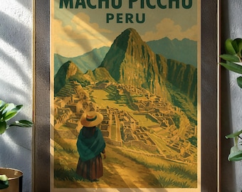 Machu Picchu Vintage reseaffisch: Retro Inka-ruinerkonst (digital nedladdning)