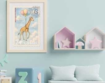Giraffe Stamp Nursery Print – Vintage Air-Lift Illustration for Kids Rooms