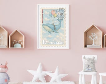 Whale Stamp Nursery Print – Vintage Air-Lift Illustration for Kids Rooms