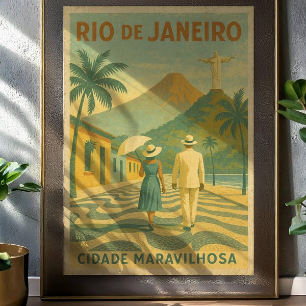 Póster de viaje vintage de Río de Janeiro: Impresión artística retro de Brasil (descarga digital)