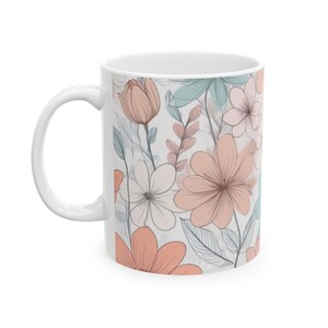 Orange and Green Pastel Floral Mug - Hand-Drawn Pencil Sketch, Floral Blooms (11oz, 15oz)