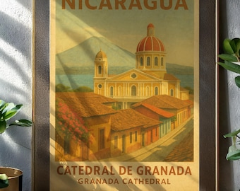 Granada Cathedral Nicaragua Travel Poster: Vintage Colonial Wall Art (Digital Print)