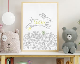 Lucky Rabbit Clover Field Print: Soft Pastel Nursery Art
