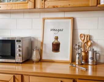 Vintage Vinegar Bottle Watercolor Print: Rustic Kitchen Wall Art (Digital Download
