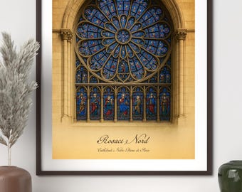 Impresión del rosetón de Notre Dame: vidriera gótica francesa (descarga digital)
