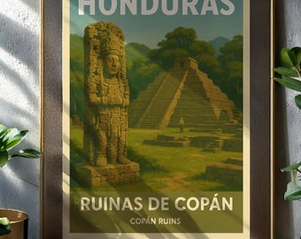 Honduras Travel Poster Mayan Ruins Vintage 1940s 1950s Style Wall Art Digital Print