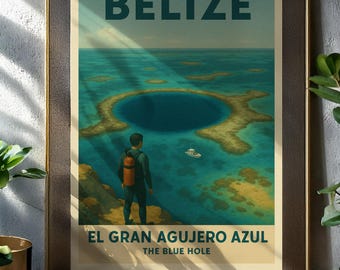 Belize Travel Poster Blue Hole Vintage 1940s 1950s Style Wall Art Digital Print