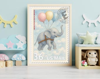 Elephant Stamp Nursery Print – Vintage Air-Lift Illustration for Kids Rooms