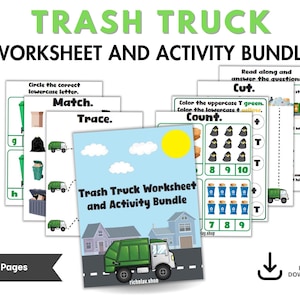 May include: A printable worksheet and activity bundle for kids featuring a green trash truck. The bundle includes activities like tracing, matching, counting, and reading. The title of the bundle is "Trash Truck Worksheet and Activity Bundle".