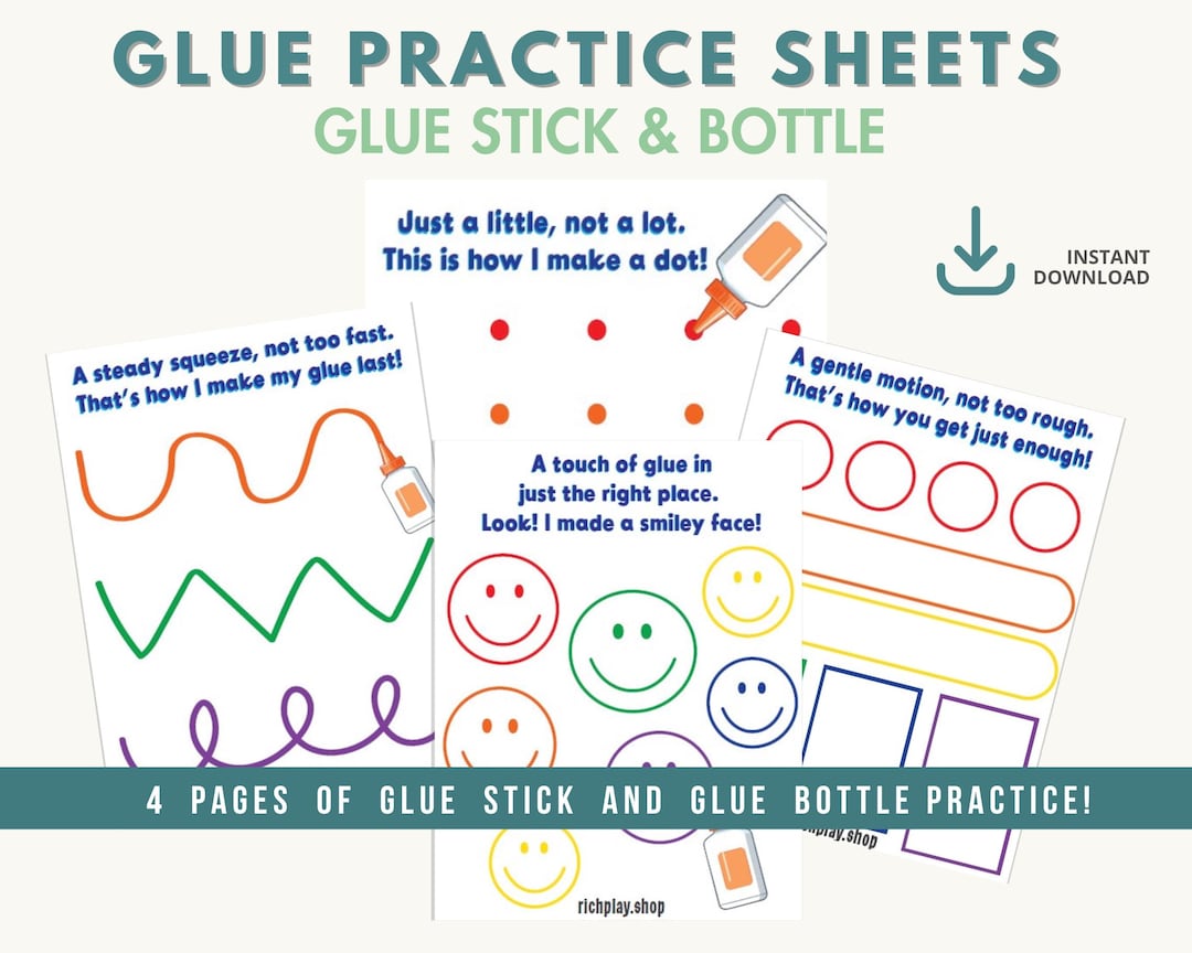 Glue Practice Sheets Kids' Glue Stick & Bottle Practice Sheets Bundle 4 Pages Teach