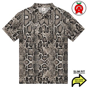 Polo de piel de serpiente, corte ajustado con estampado de reptil, camisa de golf con estampado de serpiente, camiseta de tenis con estampado de pitón, camisa deportiva con estampado de cobra, camisa unisex de manga corta con estampado de lagarto.