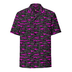 Hawaiiaans geweer shirt, geweer korte mouw, vuurwapen ingedrukt, tweede ontspannen pasvorm, shooter volwassene, uniseks, sneldrogend, materiaal UPF50+
