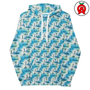 Golf Cart Palm Tree Pattern, All-Over Adult Unisex Hoodie Sweatshirt, For Golfer Resort Vacation, Retirement Community Lounge Gift