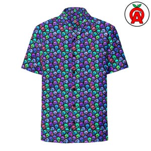 Edgy Skull Pattern, Adult Unisex All-Over Button Up Shirt, Hawaiian Skull Shirt, Gothic Beachwear, Rocker Style, Relaxed Fit Button Up Up