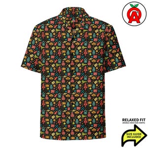 Spaceship Shuttle Satellite Robot Pattern, Adult Unisex All-Over Relaxed Fit Button Up Hawaiian Shirt, Moisture Wicking, Breathable Fabric,