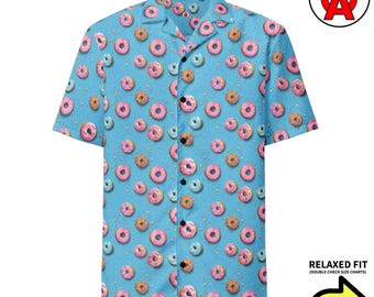 Donut Pattern Hawaiian Shirt Button Down, Aloha Shirt Bakery, Camp Shirt Pastry Chef, Beach Top Dessert Lover, Resort Wear Foodie