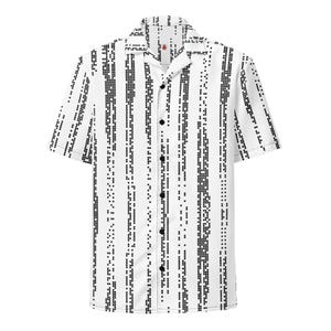 May include: White button-down shirt with a black pixelated vertical stripe pattern. The short-sleeved shirt has a classic collar and a button-up front. The design is a modern take on a classic Hawaiian shirt.