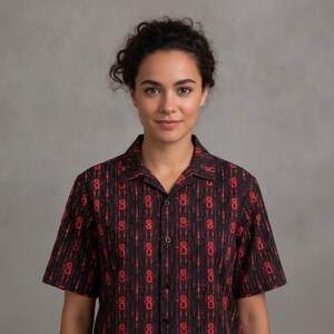 A woman in her 20s in software engineering showing off Binary Code Hawaiian Shirt, Cyberpunk Button Down, Digital Aloha Shirt, Hacker Button Up, Matrix Beach Top, Tech Noir Camp Collar